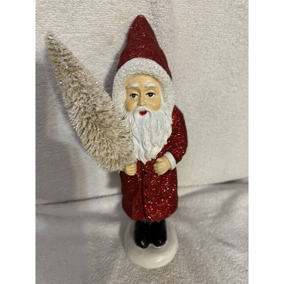 Vintage Germany Reproduction Red Coat Glitter Santa With Brush Christmas Tree